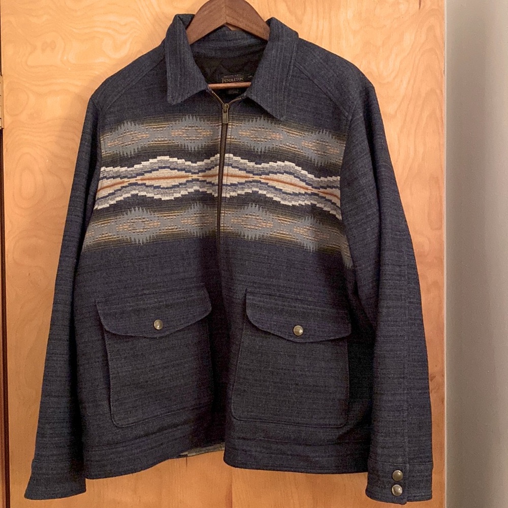Pendleton Navy and Beige Patterned Bomber Jacket - image 1